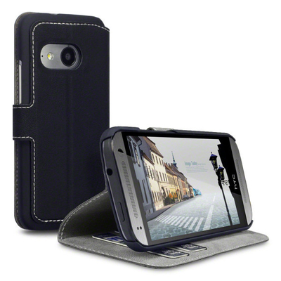 Black Slim PU Leather Wallet HTC Cell Phone Kasus Dengan Pemegang Kartu untuk HTC One Mini 2